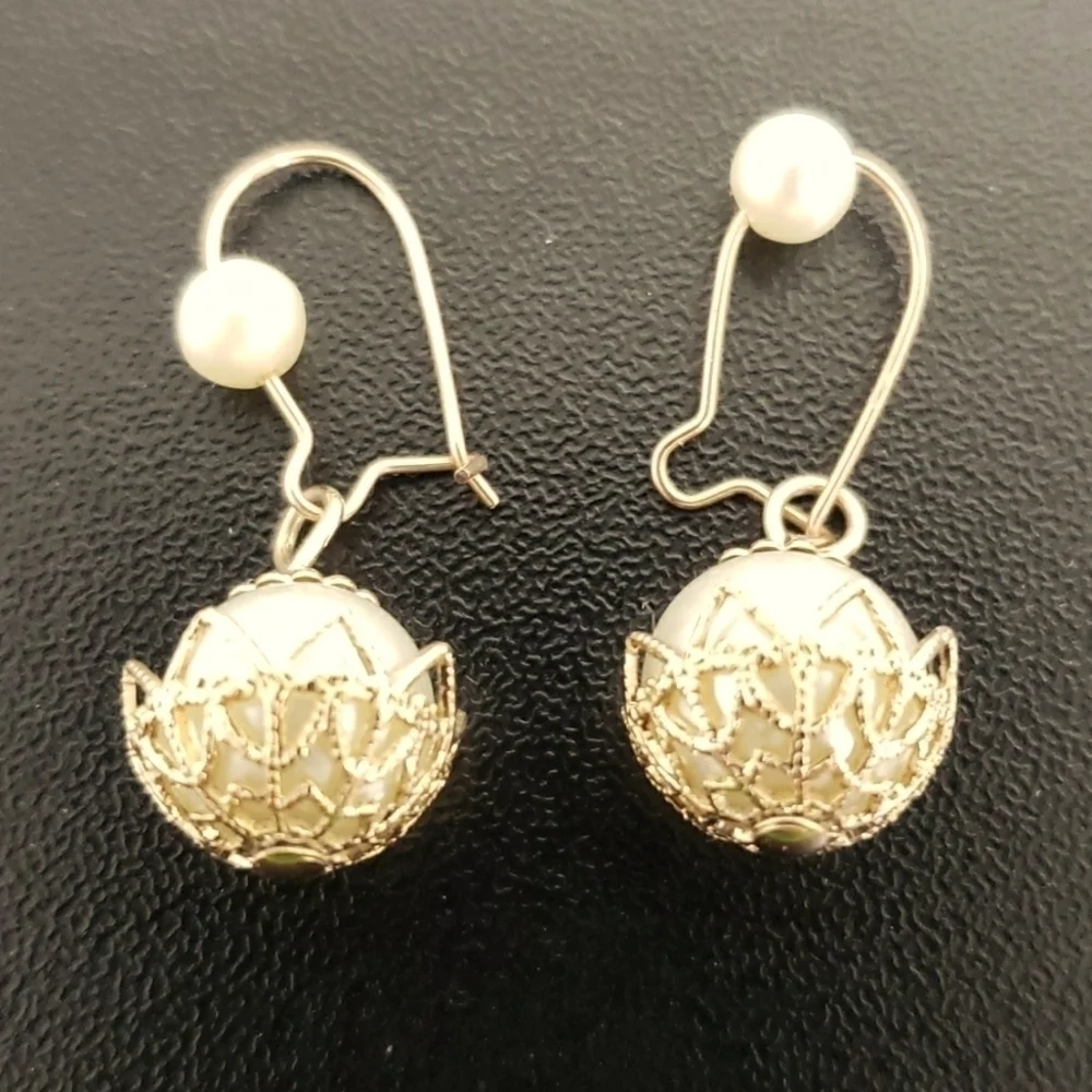 Faux Pearl and Gold Filigree Earrings Hook Beautiful and Delicate